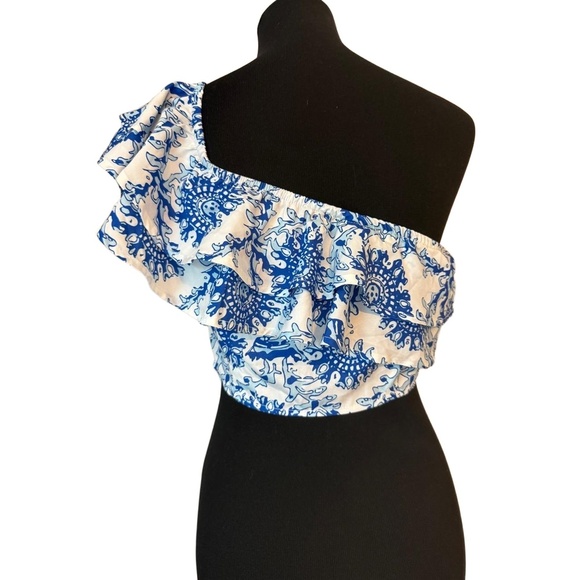 NWT SHEIN Womens Size L Blue White One Shoulder Ruffle Crop Top Floral Chic - Picture 5 of 6